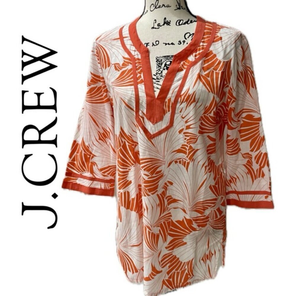 J.CREW TROPICAL PREPPY TUNIC MINI DRESS 3/4 SLEEVE FLORAL BOHO 70’ STYLE SZ M‎
